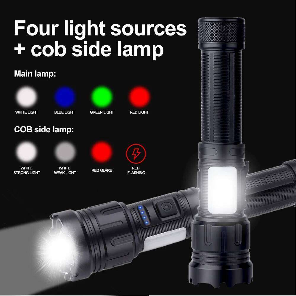 4 in 1 Zoomable Hunting Flashlight 30W 4000LM White+Green+Red+Blue 7 Modes Multi-color Outdoor Waterproof Type-C Charging Torch Z260301