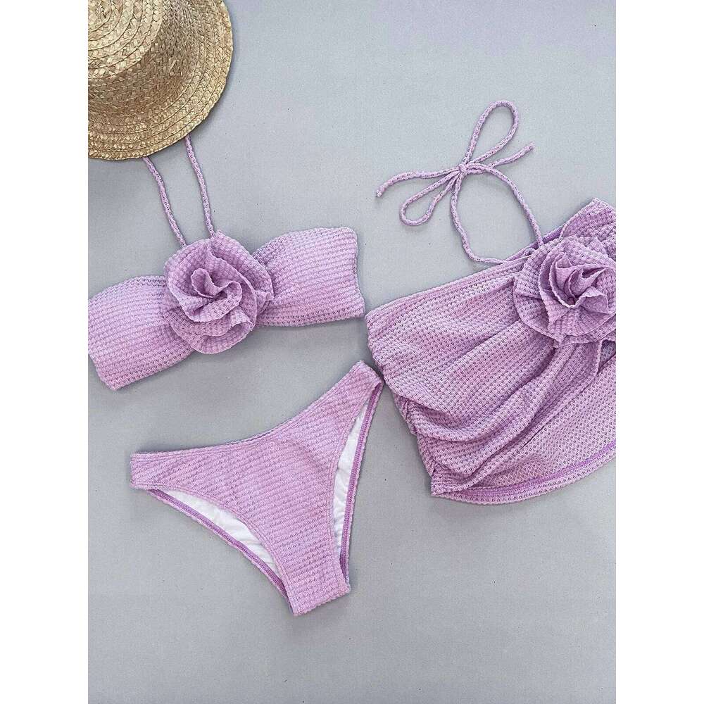 3 Piece Purple White Bikini Set Women Bandeau Big 3D Flower Swimsuit 2024 Beach Push Up Bathing Suit Skirt Swimwear Z260301