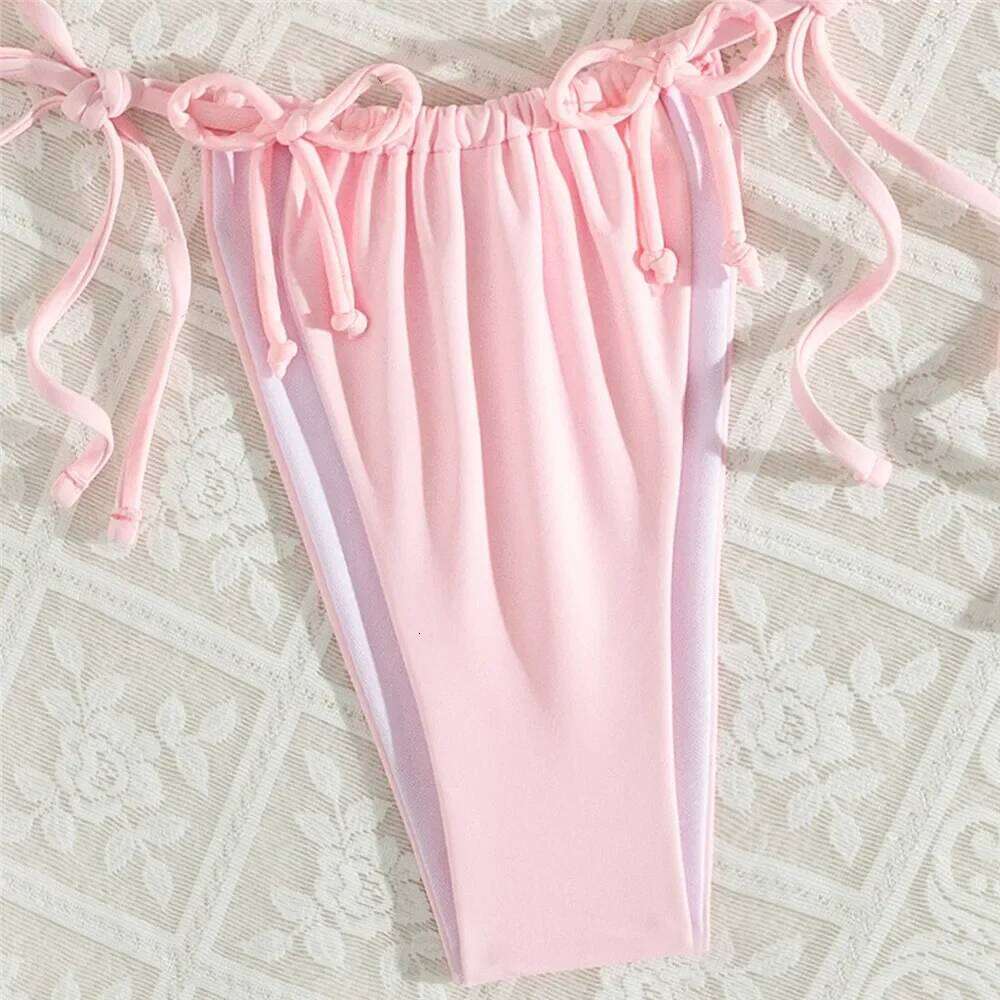 Pink Bow Swimwear String Halter Triangle Micro Bikini Thong Sexy Swimsuit Women Lace-up Wrinkled Bathing Suit Mini Bikinis Sets Z260301