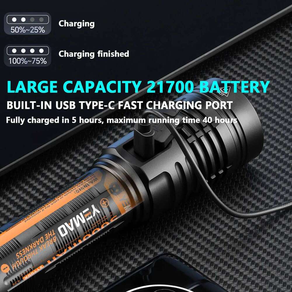 YEMAO Super Bright Tactical LED Flashlight Portable Built-In Rechargeable Waterproof Outdoor Lights For Emergency Searching Z260301