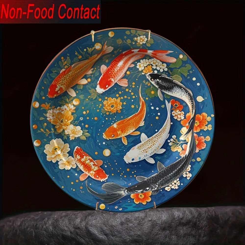 2D Flat Korean-Style Ceramic Koi Fish Decorative Plate Blue Golden Kintsugi-Effect Wall-Mountable TrayT260302