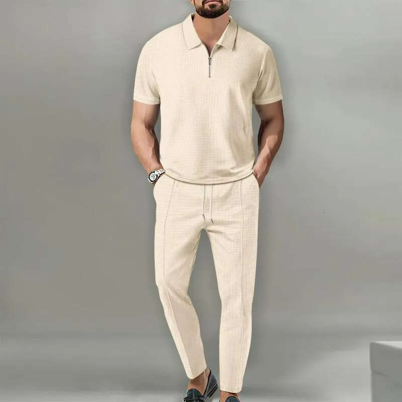 Tracksuits Solid Color Waffle Fabric Lapel Collar Zipper Jacket Short Sleeve Trousers Casual European American Style Men's Clothing - view 6