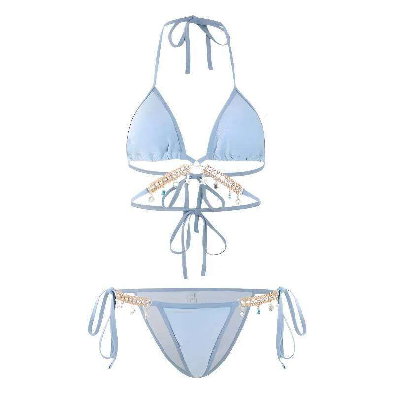 2025 Mermaid Scale Bikini Set | Rhinestone Halter Triangle Swimsuit with Tie-Sides, Instagram Sexy Vacation Beachwear Z260301