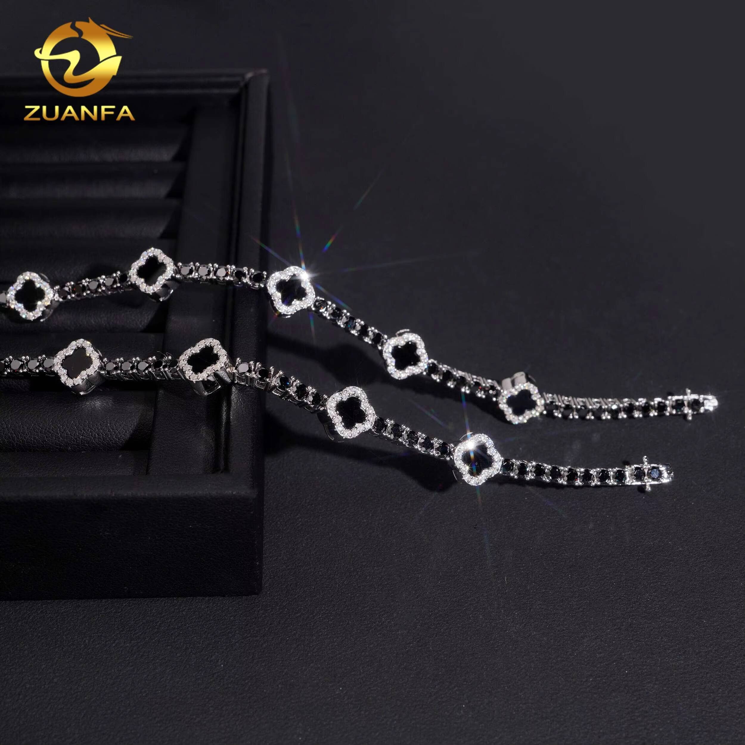 USA Local Stock 3mm Diamond Black Agate Iced Out Bracelet Hip Hop Jewelry 925 Silver Black VVS Moissanite Clover Tennis Bracelet