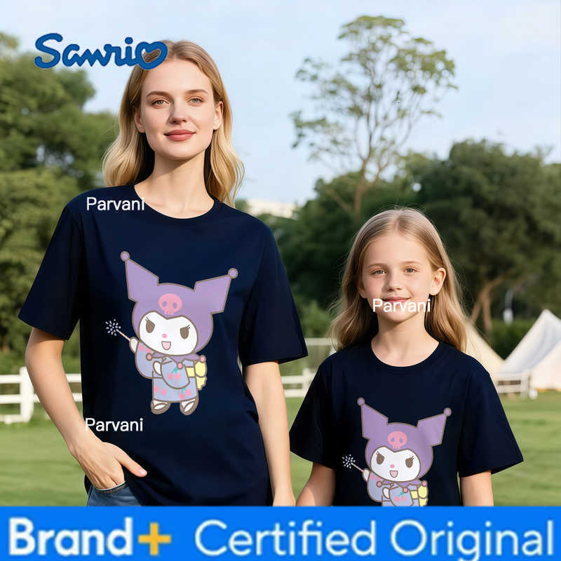 Sanrio 2026 Summer Kuromi Retro High-Quality 100 Cotton Mens T-shirt Oversized Cute Magic Print Top Unisex Family Matching Fashion H260302