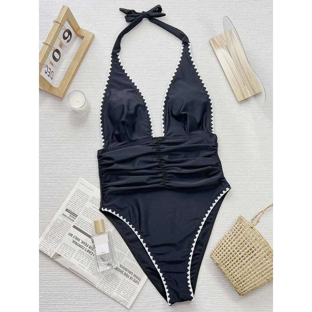 V Neck Halter Wrinkled Women Swimwear One Piece Swimsuit Female High Cut Backless Monokini Bather Bathing Suit Swim Beachwear Z260301