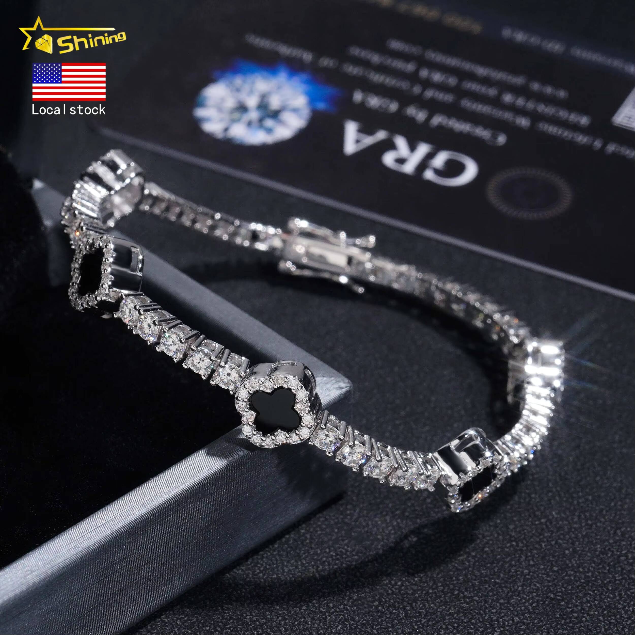 USA Warehouse RTS GRA Certificate 925 Solid Silver Hip Hop Jewelry Iced Out VVS Moissanite Diamond 3mm Clover Tennis Bracelet