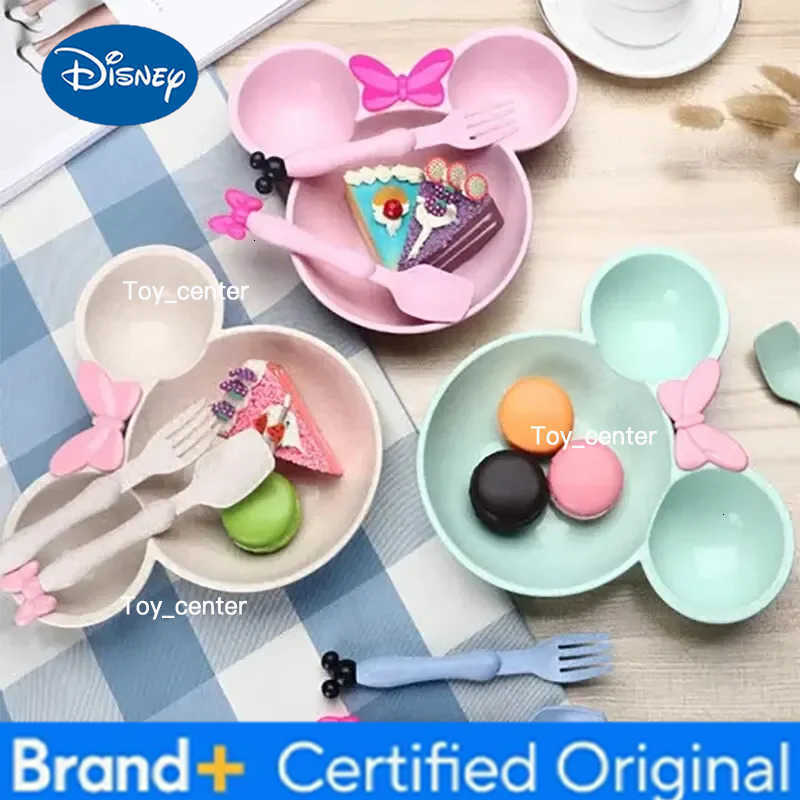 Disney 3Pcs/set Cartoon Baby Bowl Tableware Set Wheat Straw Childrens Dishes Kids Dinner Feeding Plate Bowknot Food Plate Spoon Fork H260302