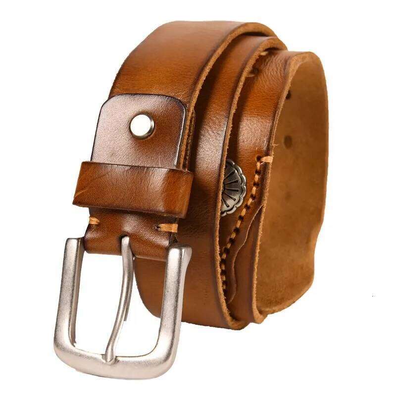 New Product Designer Genuine Men's Pleated USA Western Retro Denim Style Leather Personality Cowboy Pin Buckle Belt S260228
