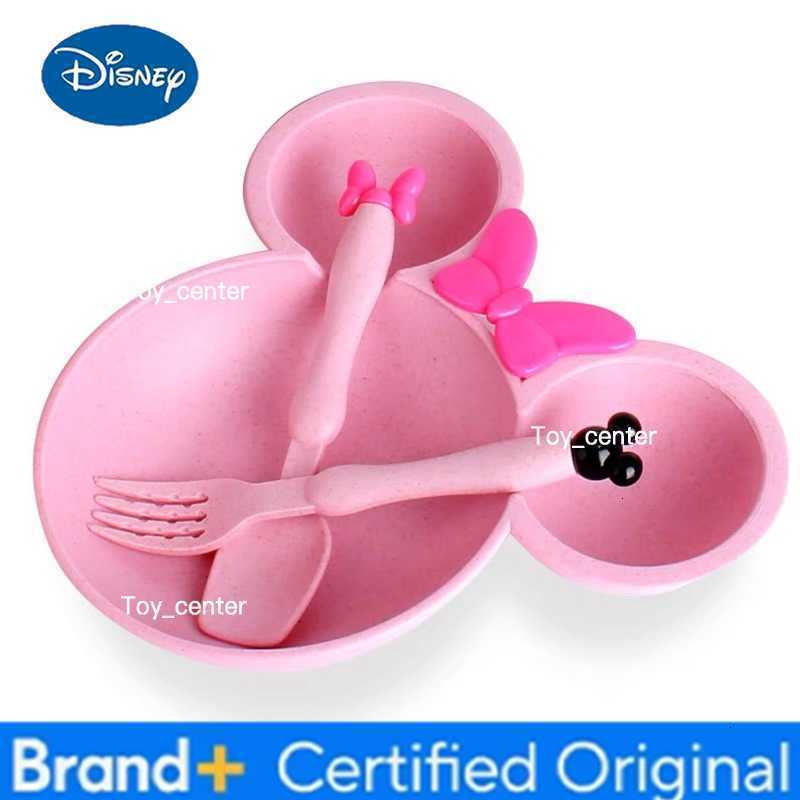 Disney 3Pcs/set Cartoon Baby Bowl Tableware Set Wheat Straw Childrens Dishes Kids Dinner Feeding Plate Bowknot Food Plate Spoon Fork H260302