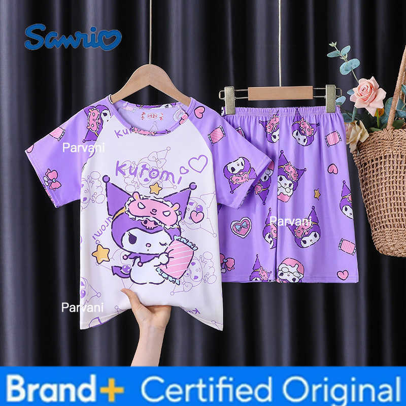 Sanrio Girls Pajamas Summer Short Sleeved Casual Two-piece Set Cartoon Cute Anime Kuromi Cinnamoroll Children Short Sleeved Set H260302