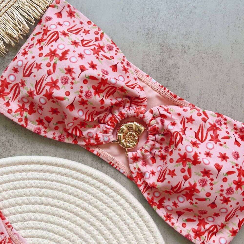 2025 New Sexy Flowers Print Thong Strapless Women Swimwear Female Swimsuit 2 Pcs Bikini Set Bather Bathing Suit Beachwear Z260301