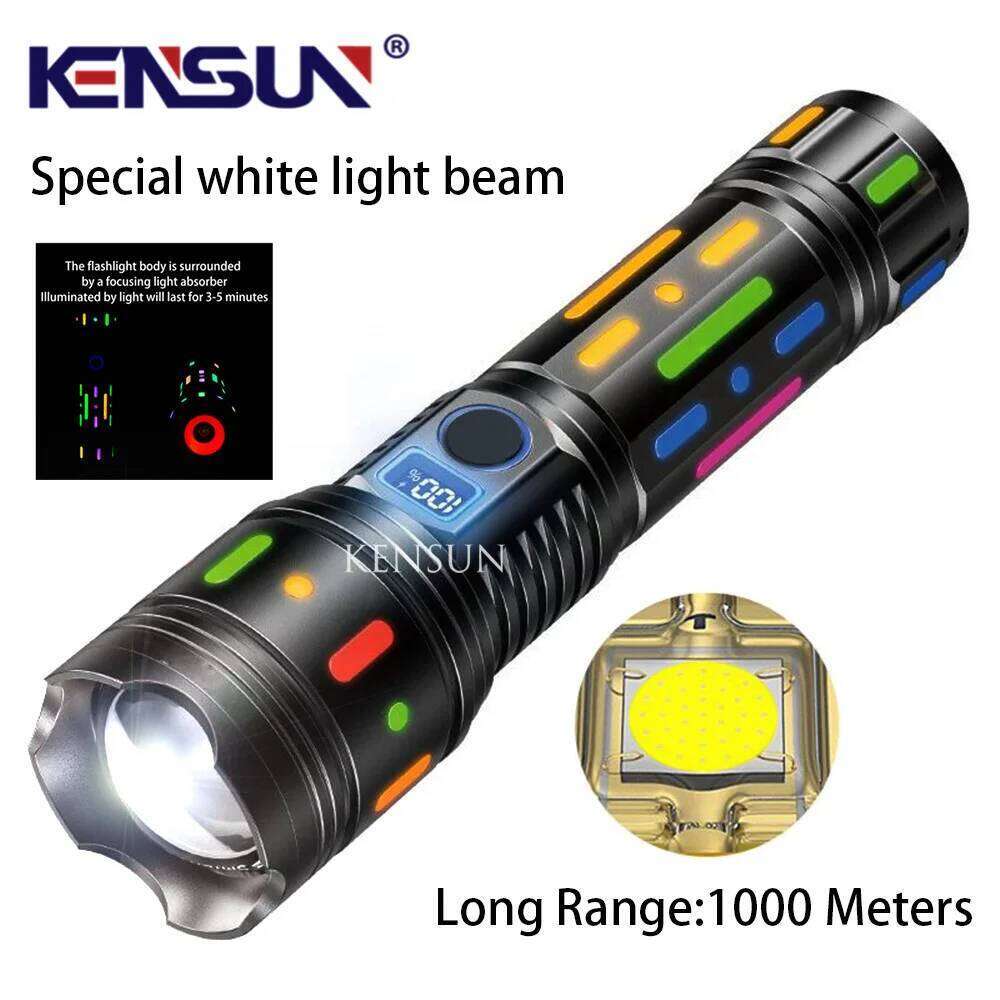 Long Range LED Flashlight With Fluorescent Film Powerful Bright Tactical Torch Display Rechargeable Battery Lantern Z260301