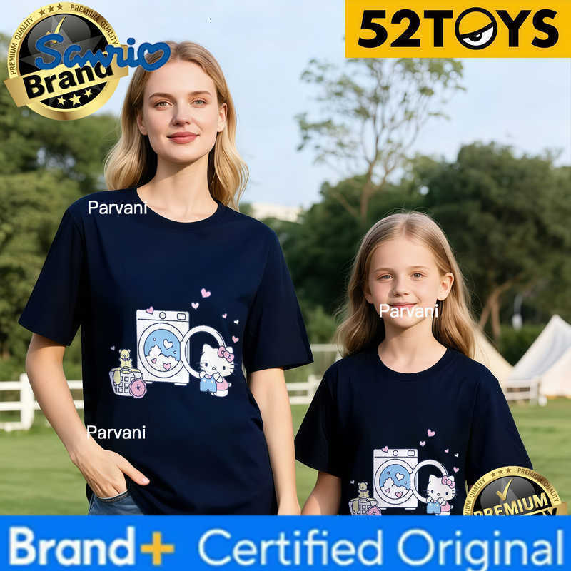 Sanrio 2026 Autumn-Winter Trending Hello Kitty Washing Machine Print 100 Cotton Parent-Child T-Shirts High Quality Loose Casual Y2K H260302