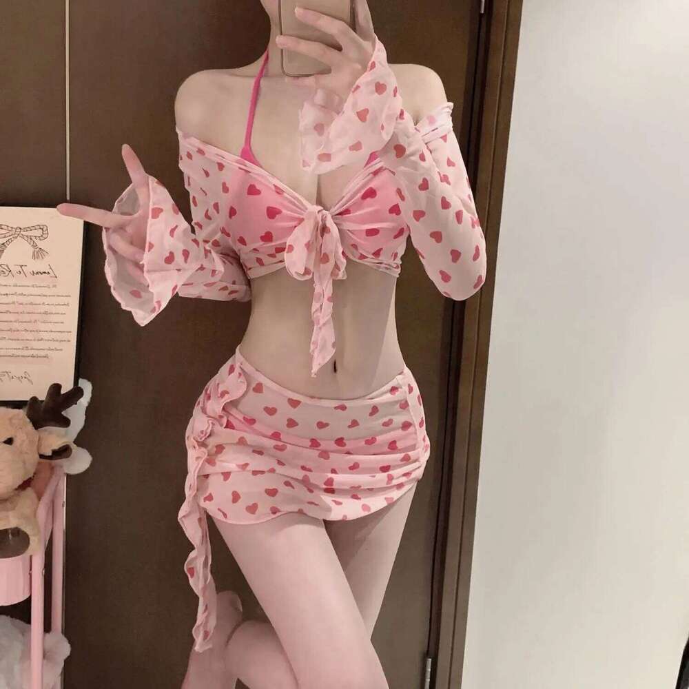 2025 Summer Pink Swimwear Women Sweet 4 Pcs Sets Bathing Suit Beach Holiday Spicy Girl Split Swimsuit Bikini Set Z260301