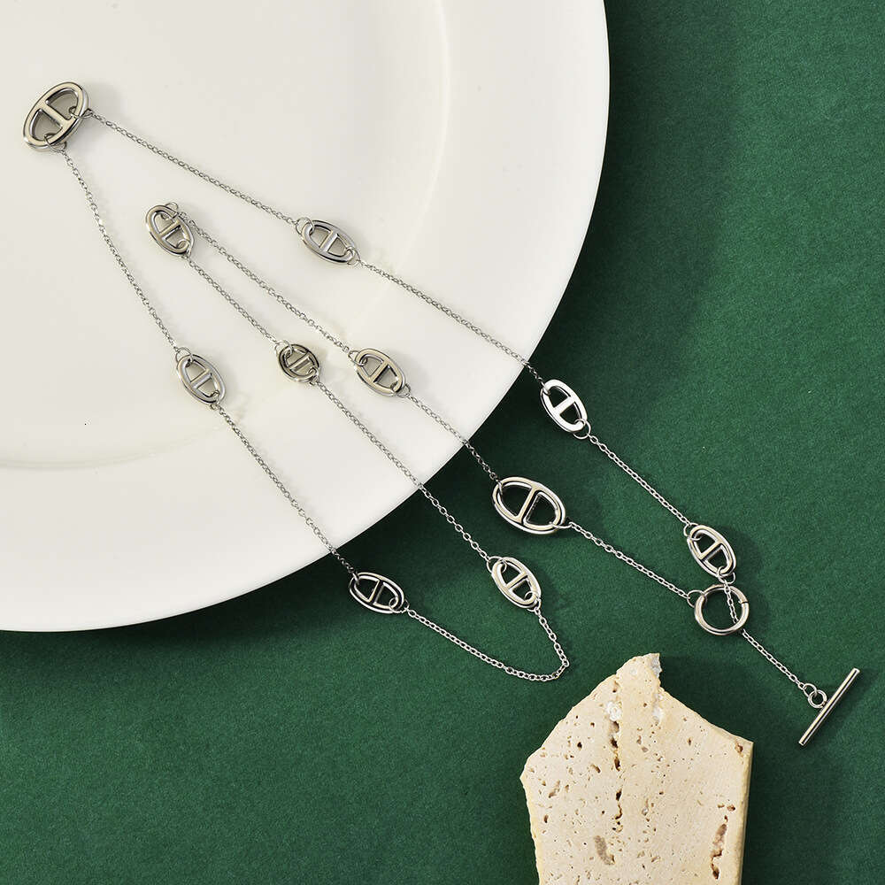 Double Layer Stacked Necklace OT Metal Texture Ins Trend Multiple Wearing Methods Pig Nose Buckle Extra Long Sweater Chain