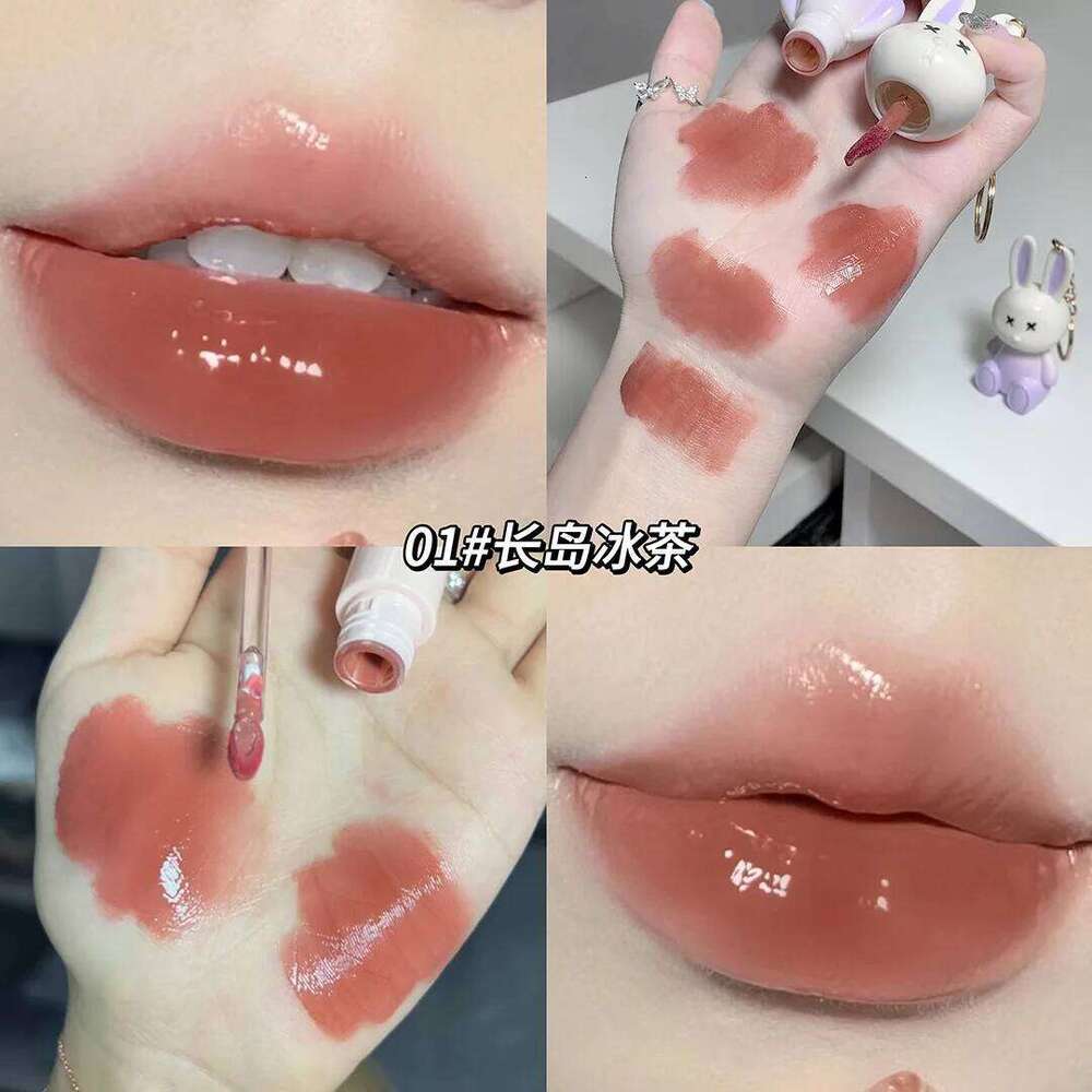 Cute Rabbit Mirror Keychain Lipstick Waterproof Gloss Long Lasting Non-stick Cup Women Lip Glaze Cosmetic 6 Colors H260302