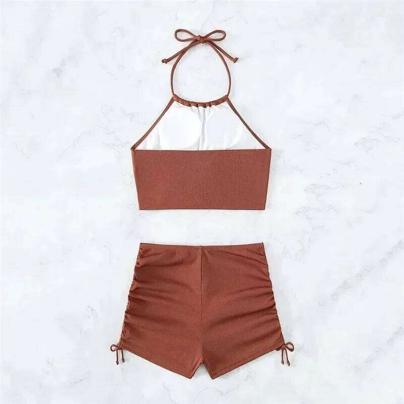 Brown Ribbed Swimwear Shorts Swimsuits Women Halter Bikinis Sets String Drawstring Bathing Suit Beachwear Sexy Bikini 2026 Mujer Z260301