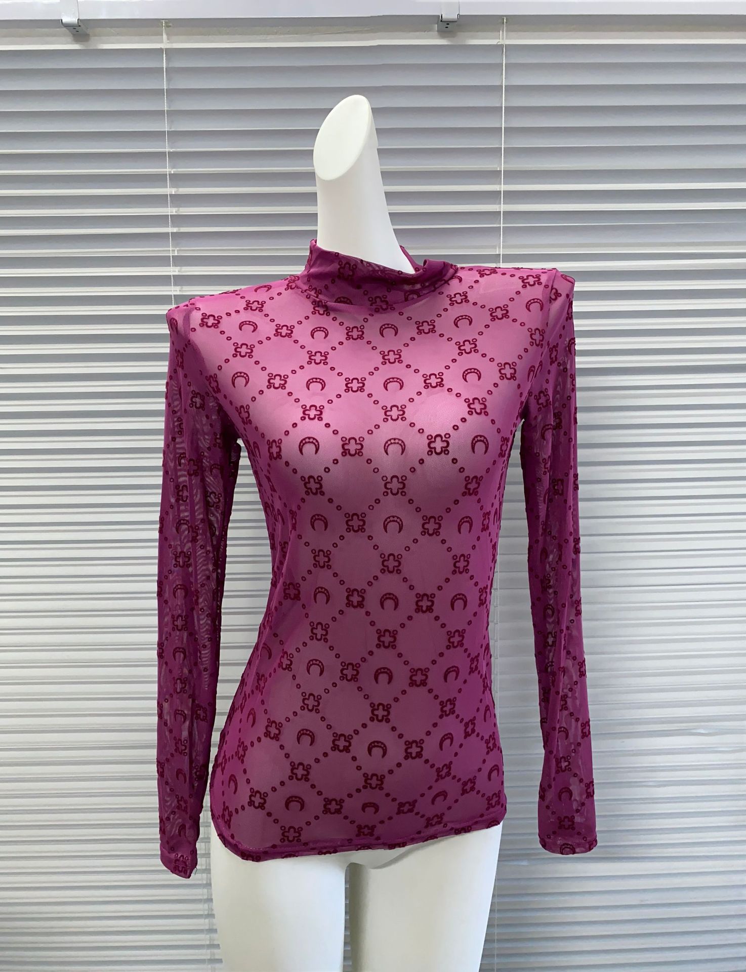 2026 Autumn Winter Turtleneck Mesh, Quilted Pattern, Thumbhole Long Sleeve, Sexy Design, Moon Print Flocked Sheer Top & Bottoms