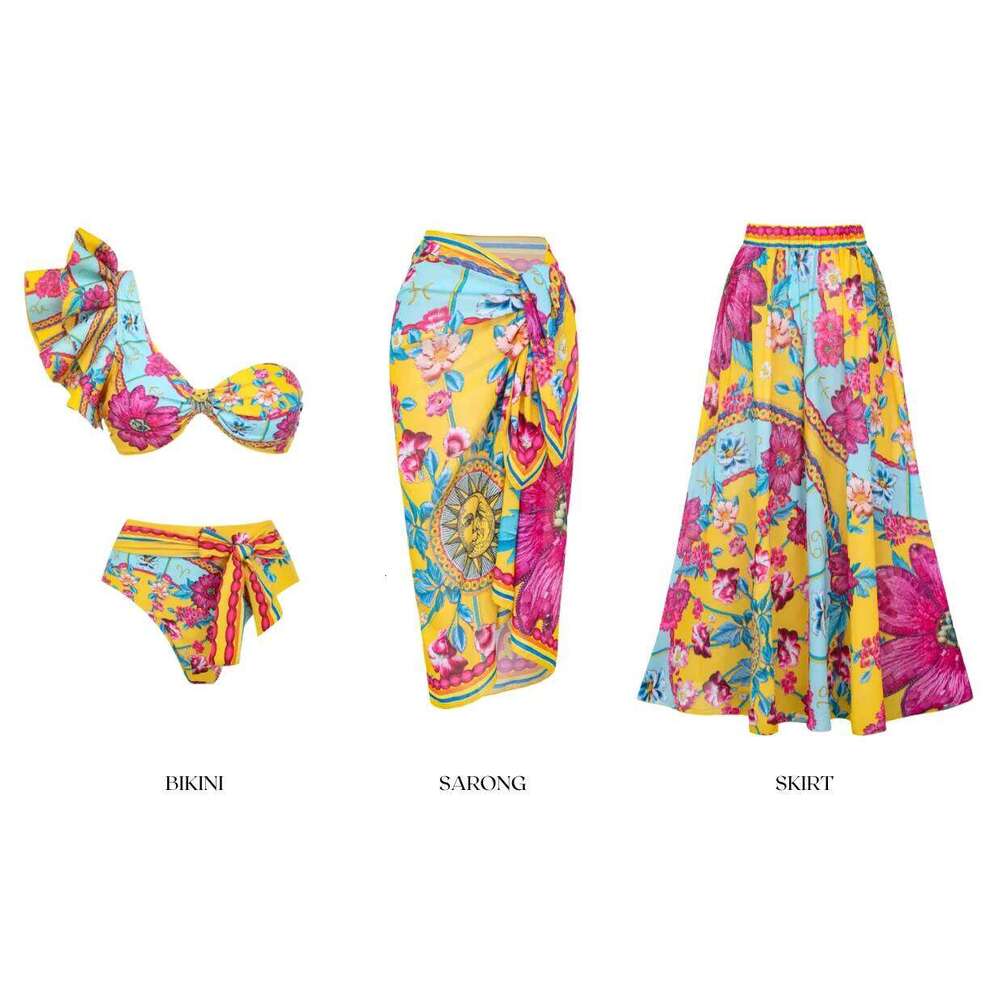 Constellation Flower Print Ruffled Bikini Swimsuit and Sarong Women Vacation Beachwear Luxury Bathing Suit Z260301