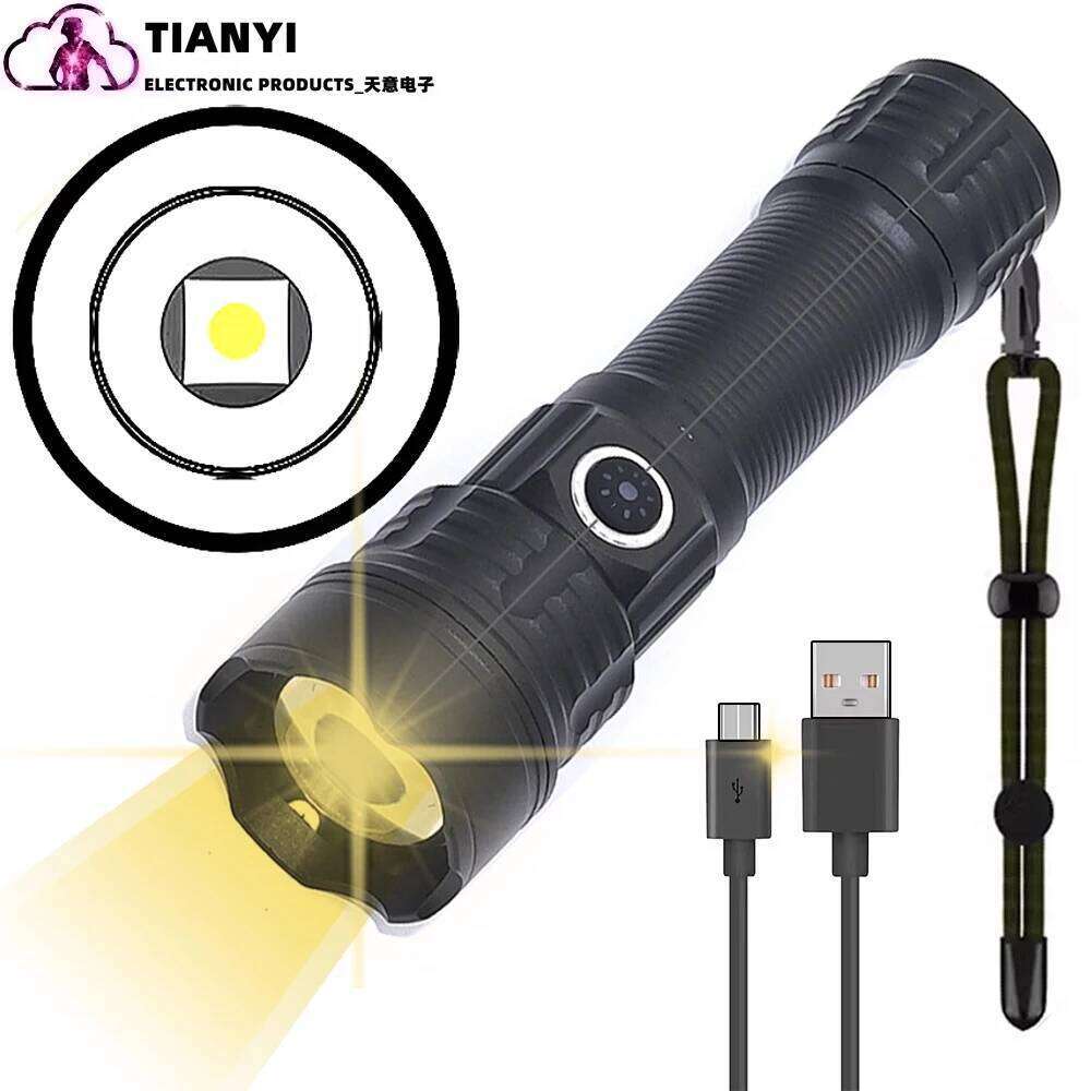 Tactical Flashlight High Brightness USB Rechargeable Search Light with Focusing Bracket Yellow Beam for Outdoor Emergency Z260301