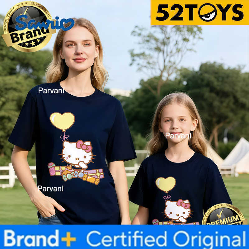 Sanrio 2026 Summer Family Must-Have 52TOYS Hello Kitty Balloon Print T-Shirts 100 Cotton High Quality Parent-Child Tees Single Piece H260302
