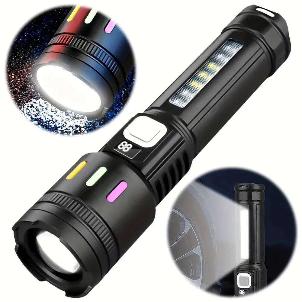 1/2pcs Ultra Bright Rechargeable Flashlight Powerful Torch with 5 Modes Red/Blue Flash Digital Display Screen USB-C Charging Z260301