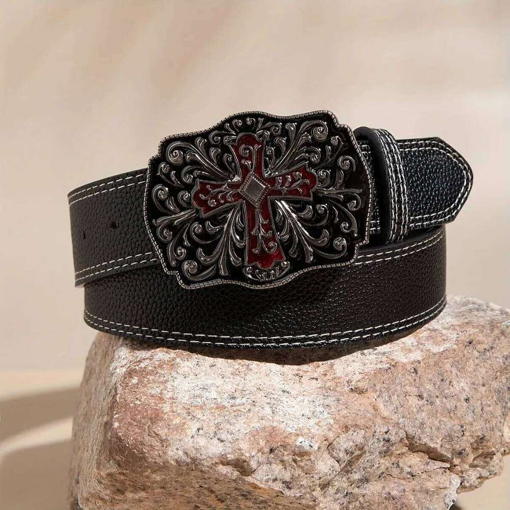 1pc Men's Y2k Punk Petal Cross Buckle Casual Black Belt, A Versatile Decorative Belt Jeans, Suitable for Daily Travel S260228