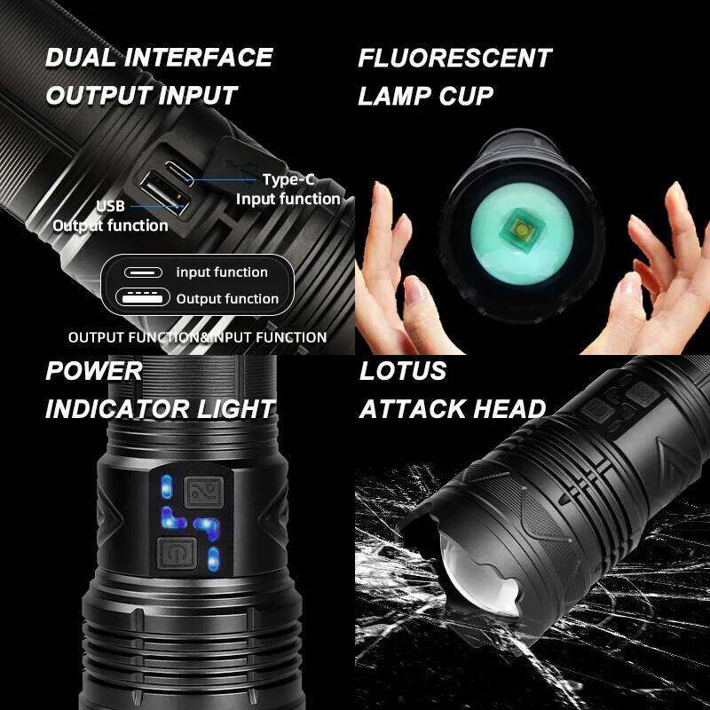 MONHNR Powerful LED Flashlight Super Bright Spotlight Long Range Zoomable Emergency Torch Outdoor Lamp lantern Power Display Z260301