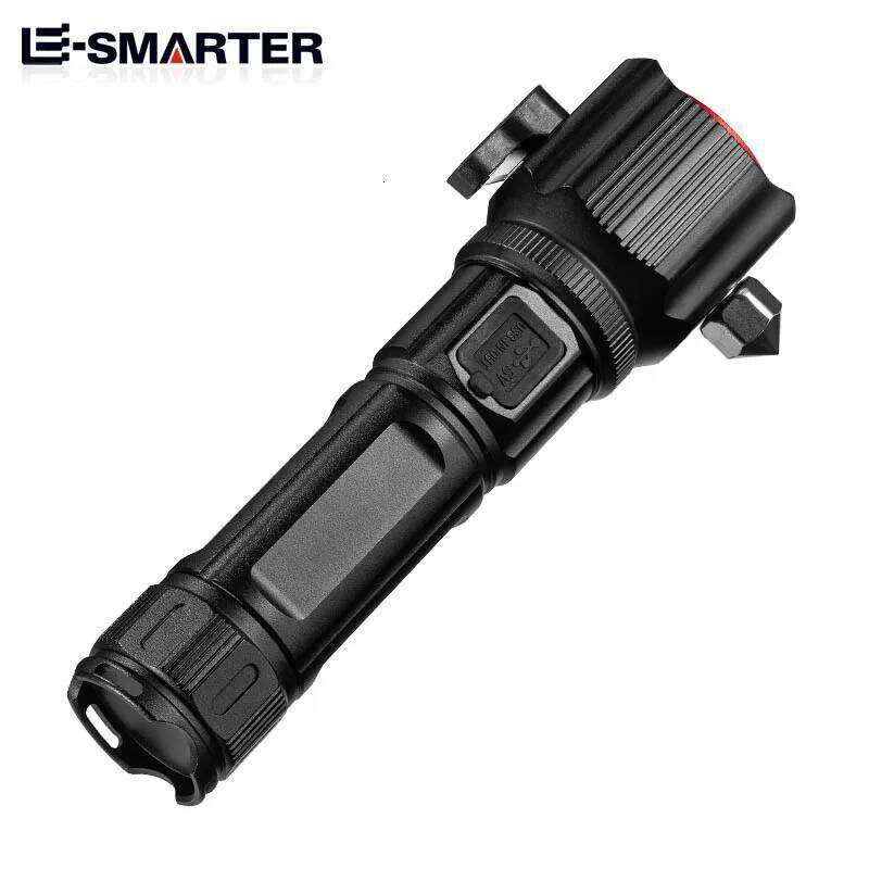 High Power Zoom LED Flashlight with USB Charging COB Safety Hammer Multi-functional Waterproof Aluminum Alloy White Laser Torch Z260301