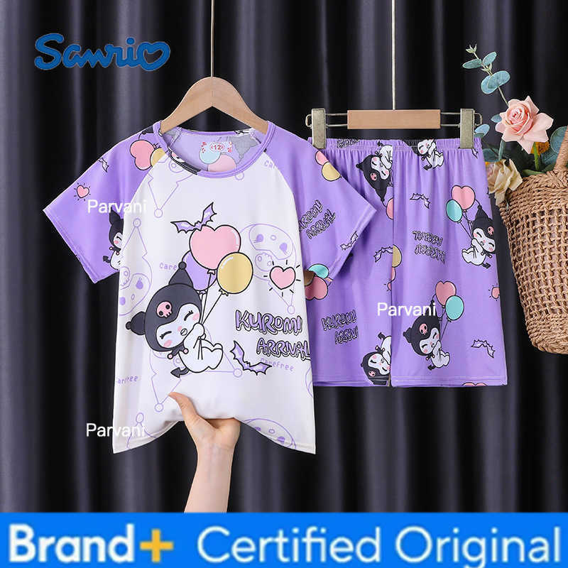 Sanrio Girls Pajamas Summer Short Sleeved Casual Two-piece Set Cartoon Cute Anime Kuromi Cinnamoroll Children Short Sleeved Set H260302