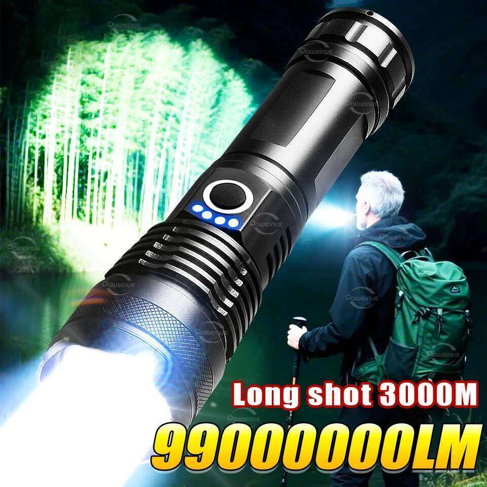 Super Powerful LED Flashlight High Power Rechargeable Torch Strong Light 3000M Tactical Flashlights 18650 Camping Fishing Z260301