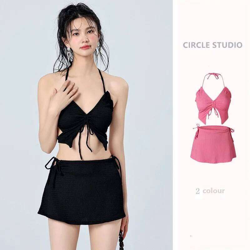 Vacation Beach Ins Rose Red Bikini Three Piece Women's Small Chest Internet Famous Swimsuit Butterfly Sexy Spicy Girl Z260301