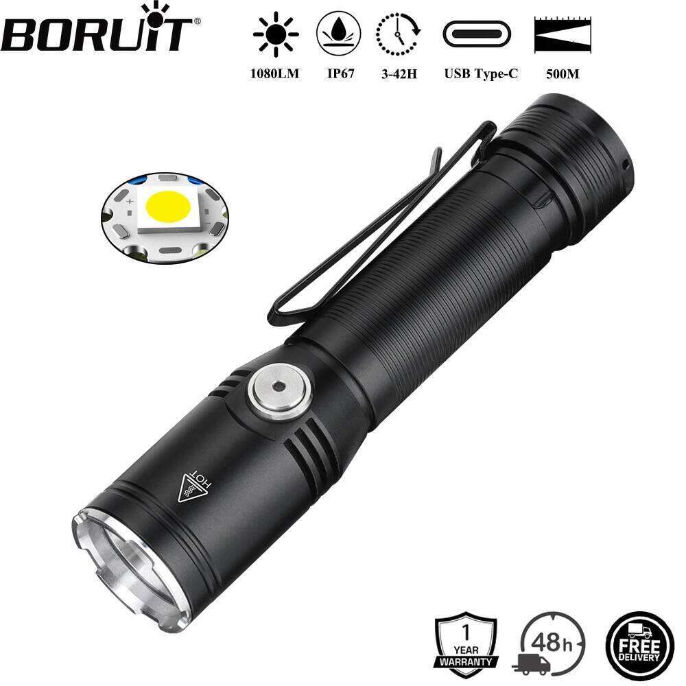 BORUiT ET25 LED Flashlight 1080LM Super Bright Type-c Rechargeable IP67 Waterproof Emergency Fishing Lantern Z260301
