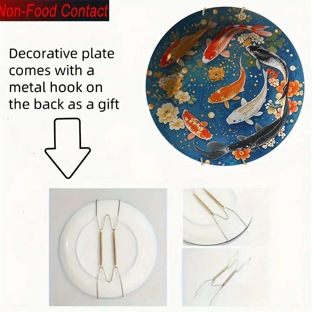 2D Flat Korean-Style Ceramic Koi Fish Decorative Plate Blue Golden Kintsugi-Effect Wall-Mountable TrayT260302