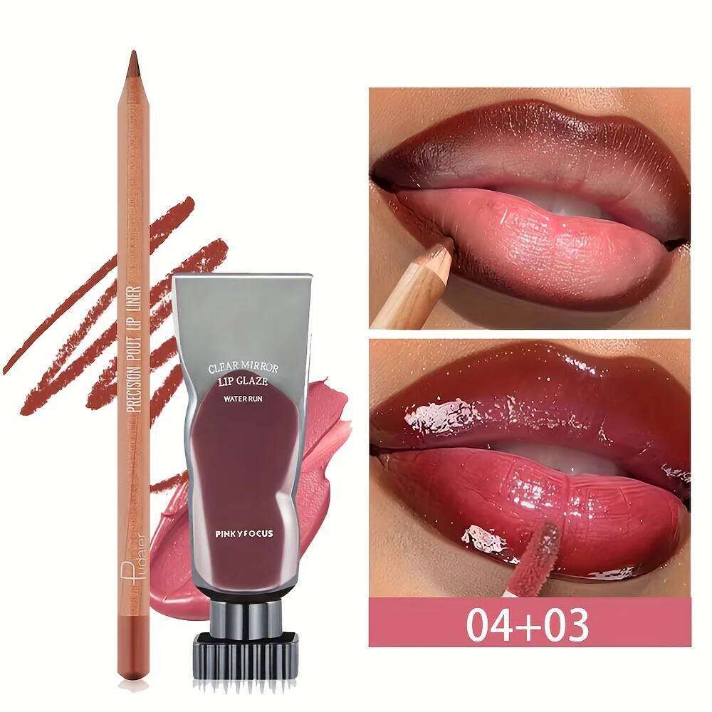 2pcs of moisturizing lip gloss and durable waterproof lipliner set - high color lipstick, glossy texture H260302