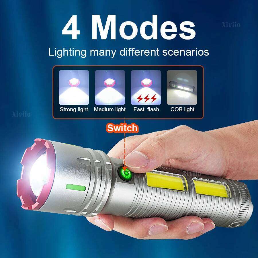 Most Powerful LED Flashlight 15000mAh Rechargeable Flashlights 18650 COB Light Long Range 4000M Tactical Torch Fishing Lantern Z260301