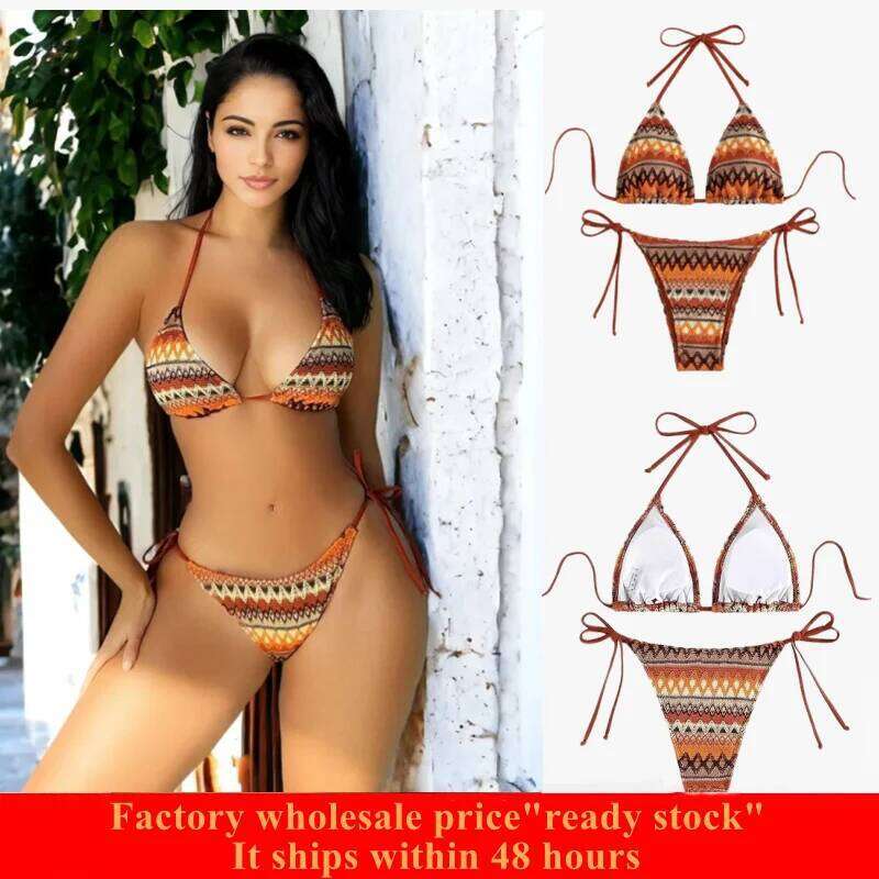Women's Boho Geo Print Cute Bathing Suit High Waisted Halter Tie Back Swimsuit Triangle Cup Sexy Bikini Set Z260301