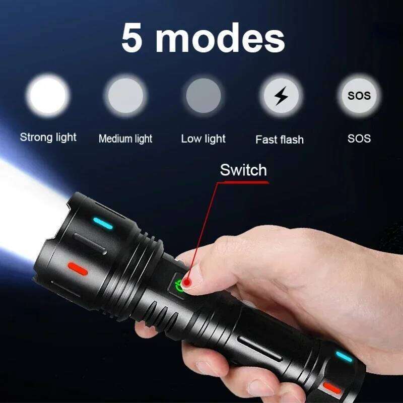 Powerful White Laser LED Flashlight Zoomable Type C Rechargeable Torch Light 5 Lighting Modes for Outdoor Camping Z260301