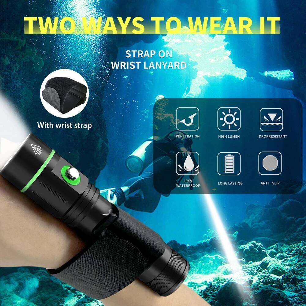 20000LM 5000mah Upgrade Scuba Diving Flashlight Powerful 80M Underwater Lantern Rechargeable Dive Torch IPX8 Waterproof LED Lamp Z260301
