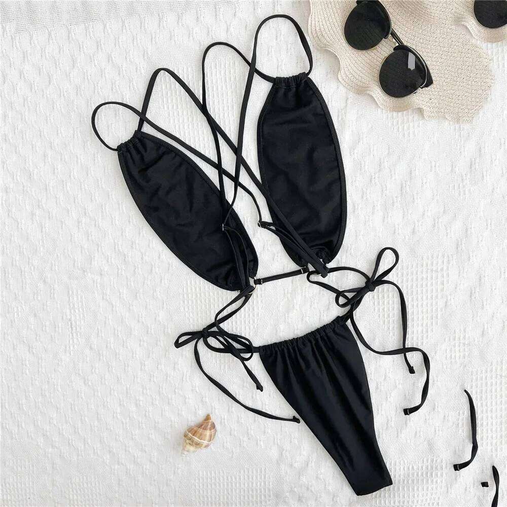 Sexy Black Backless String Lace-up Swimwear Woman 2026 One Piece Swimsuit Hollow Out Monokini Micro Thong Bathing Suit Bather Z260301