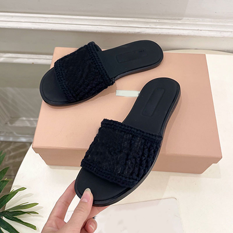 High quality womens beach slippers designer women knitted sandals round toe flat shoes black small leather lining genuine leather sole Daily travel vacation 26SS