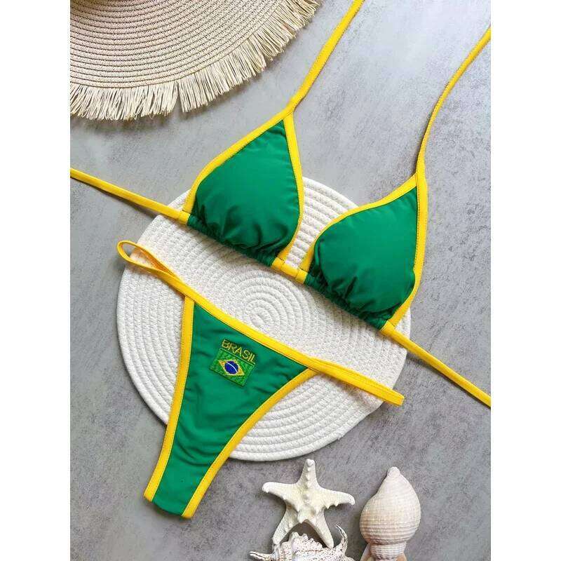 2026 Fashion Embroidery Brasil Flag Contrast Split Bikini Set Women Swimwear Patchwork Swimsuit Hottie Outfit SummerBeachwear Z260301