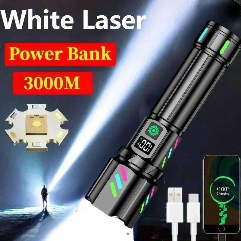 High Power LED Long Range Flashlight USB Rechargeable White Laser Zoomable Torch Light with Luminous Strips for Outdoor Camping Z260301