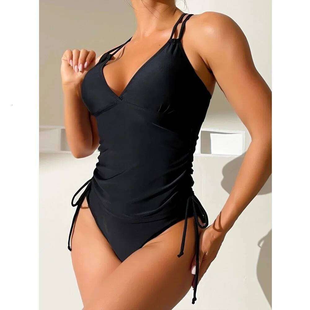 Solid Color Swimsuit Women 2023 High Waist Tankini V-neck 2 Piece Suspender Bikini Bathing Suit Lace-up Backless Beach Swimwear Z260301