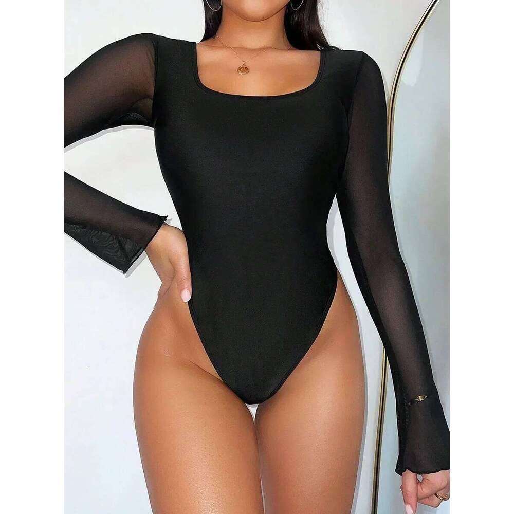 Mesh Long Sleeve Backless Lace Up Women Swimwear One Piece Swimsuit Female Thong Monikini High Leg Cut Bathing Suit Swim Lady Z260301