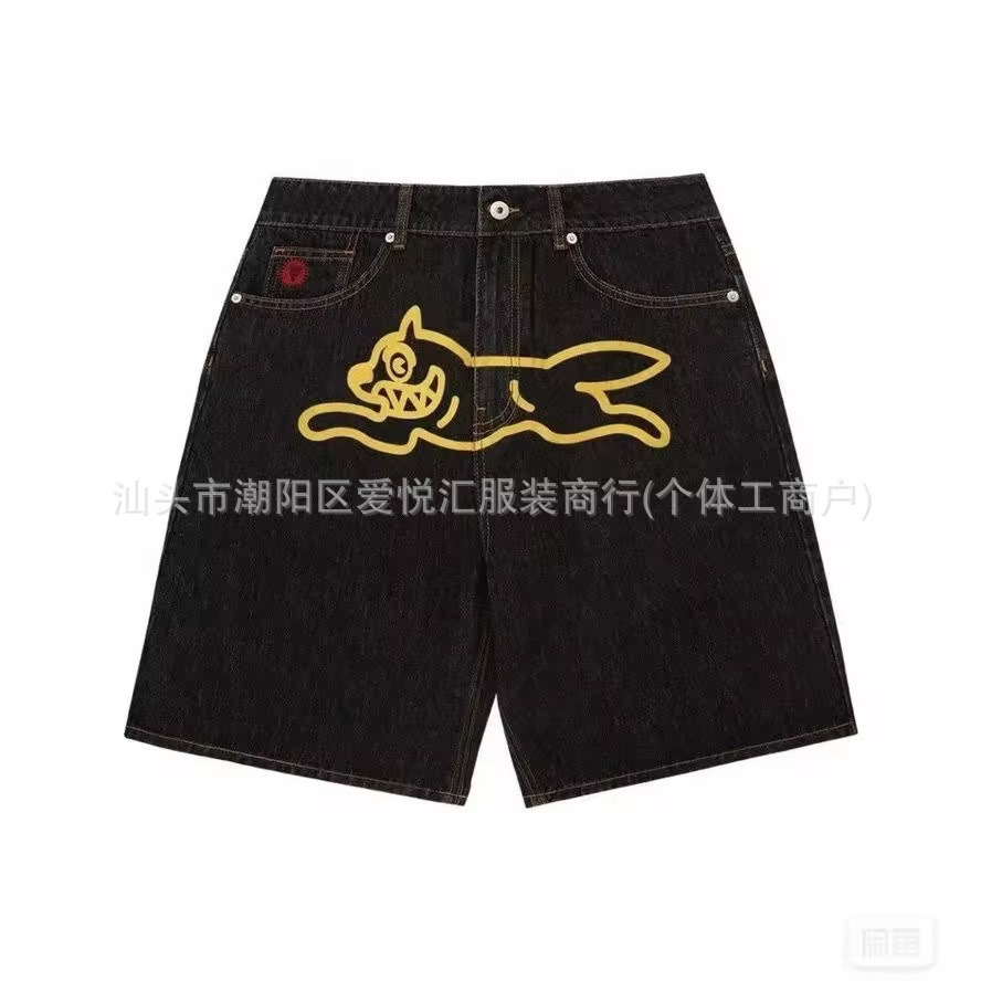 Summer Y2k Streetwear Mens Denim Shorts Hip Pop Dog Printed Male Knee Length Jeans Wide Leg Baggy Shorts Pants 250303