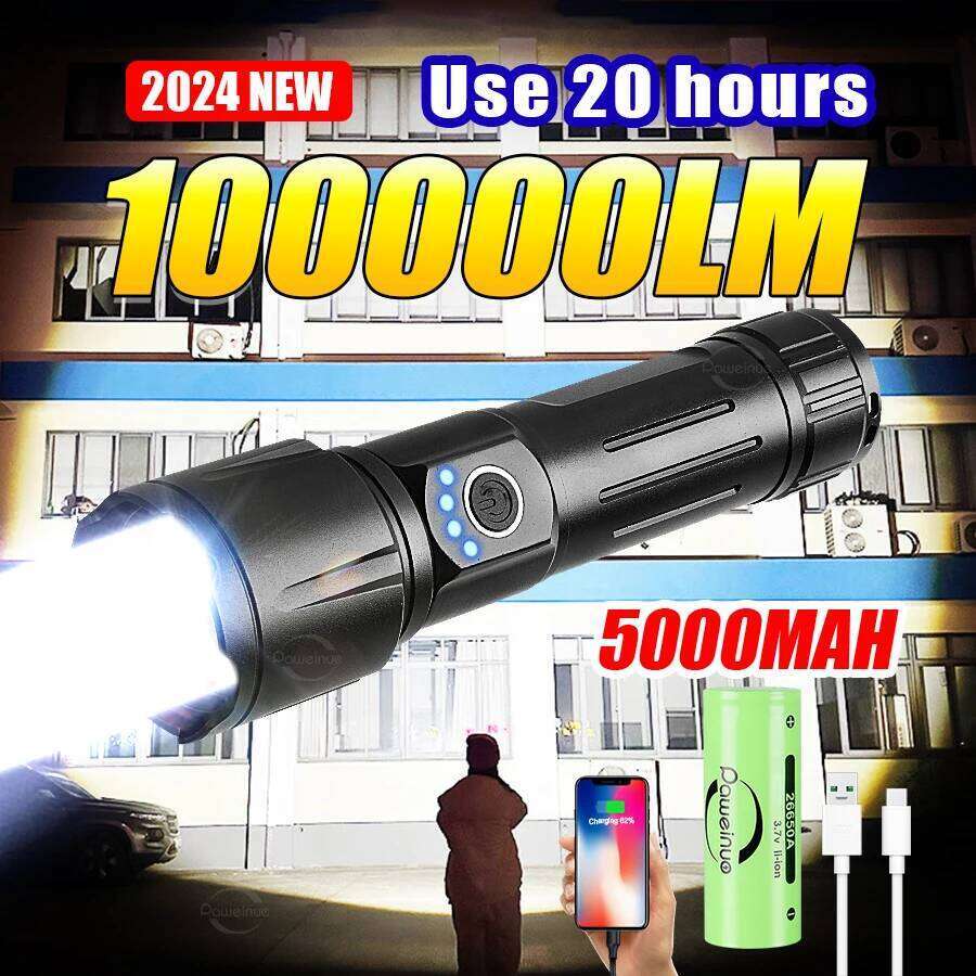 Most Powerful Torch 100000Lumens Zoom Long Range 3000m Rechargeable LED Flashlight Super Strong Hunting Camping Tactical Lamp Z260301