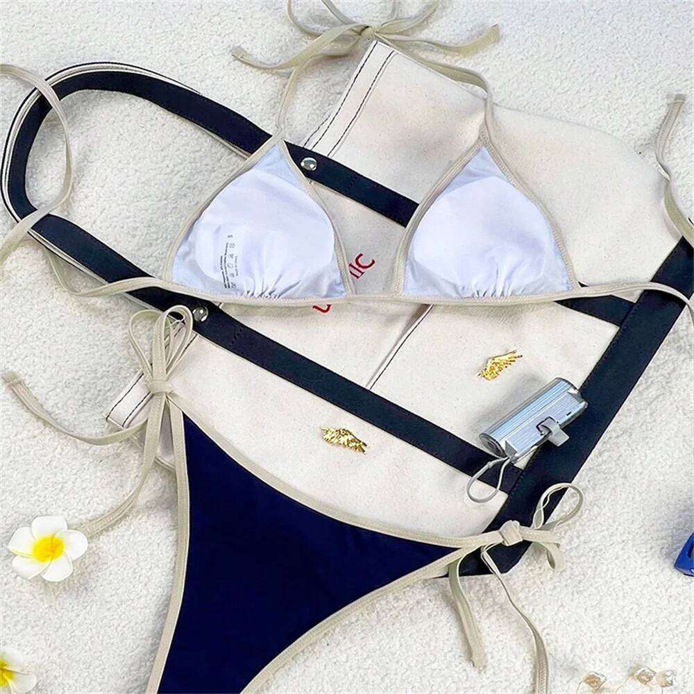 Vintage Blue Bikinis Set Triangle Border String Swimsuit Push Up Swimwear Backless Extrem Bikini Women Beach Outfit Bathing Suit Z260301