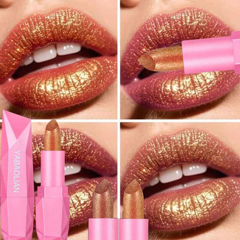 Sparkling Diamond Lipstick Quicksand Golden Shining Non-stick Cup Shiny Pearlescent Moisturizing Lip Tint Red Sexy Lips Makeup H260302